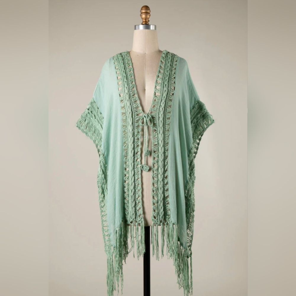 Assorted Sizes: DOLMAN SLEEVE OPEN WEAVE CROCHET KIMONO W/ FRINGE TASSEL HEM-NWT - Picture 2 of 3